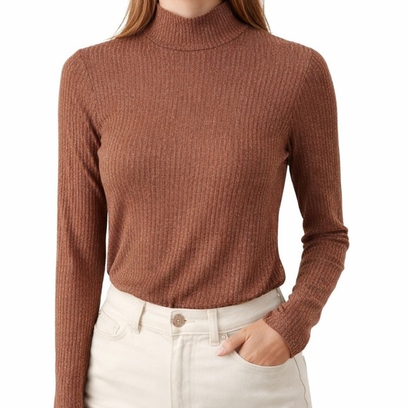 Hatch Sweaters - HATCH New Ribbed Mock Neck Metallic Long Sleeve Top Shirt Bronze Women's Size L